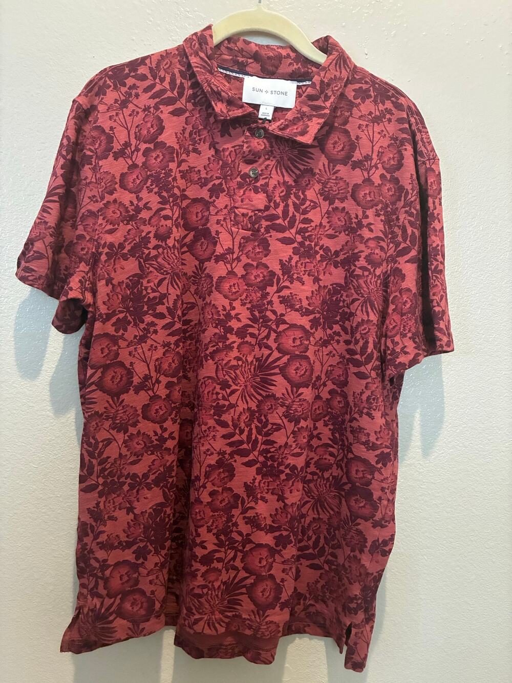 Sun Stone Floral Print Polo Shirt Short Sleeve Casual Top Men's Large Red